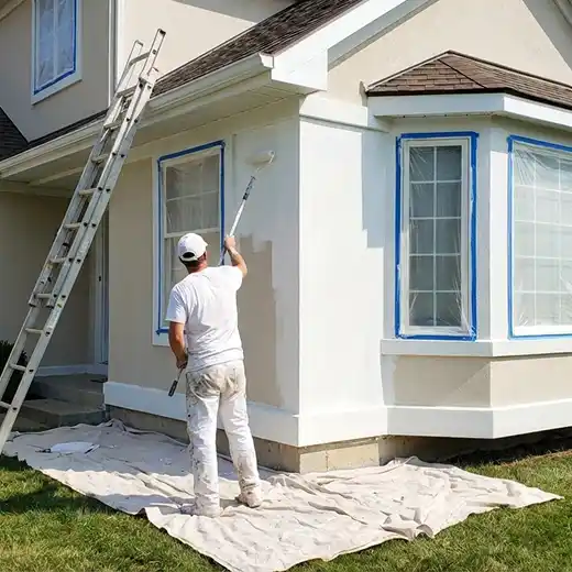 Professional painter applying fresh exterior paint to a house using a roller.