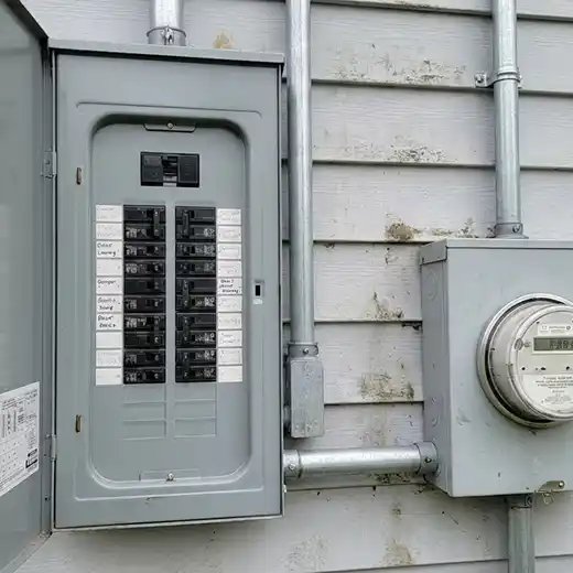 Exterior view of a residential electrical service panel (breaker box) and utility meter mounted on the side of a house with light-colored siding.