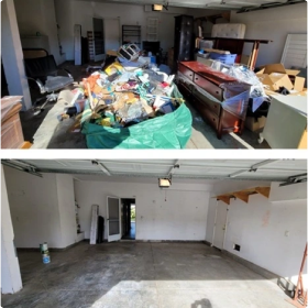 A two-panel, before-and-after image of a garage or commercial space cleanout.