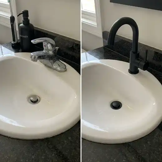 Before and after comparison of a bathroom sink, showing an old chrome single-handle faucet replaced with a modern matte black high-arc faucet and matching drain stopper.