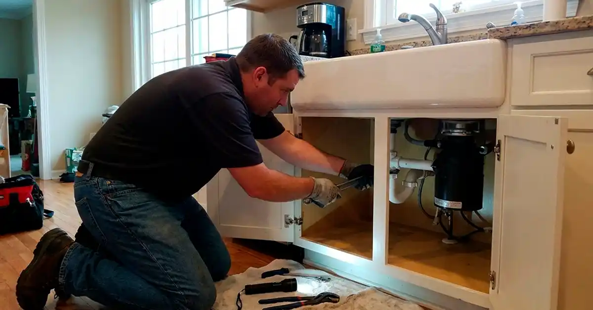 A plumber kneeling on the floor, using a wrench to repair the white PVC drain pipes and garbage disposal unit under a kitchen farmhouse sink.